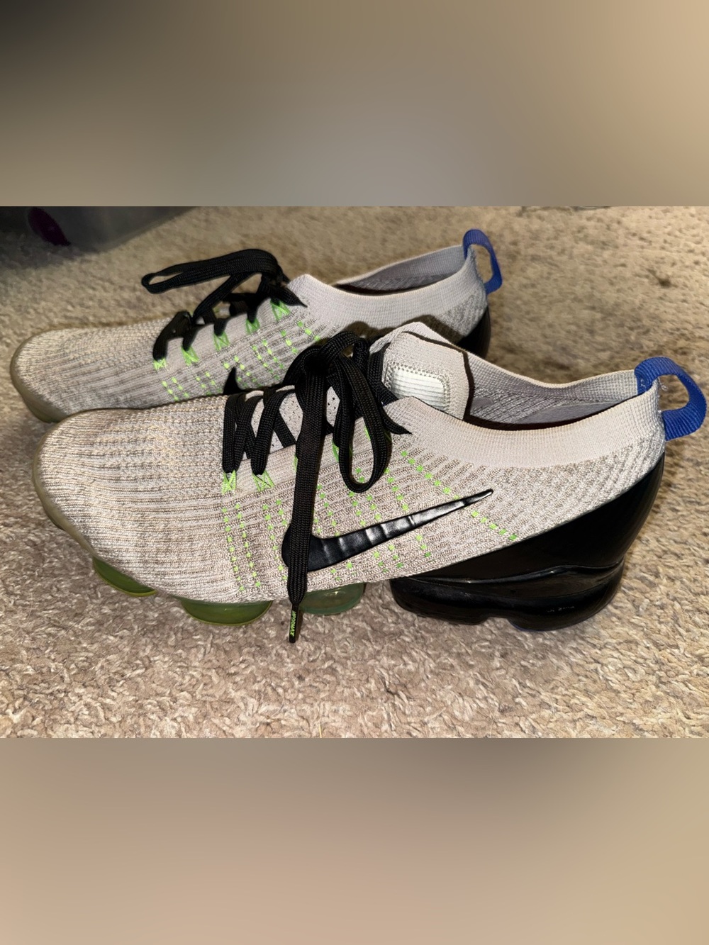 Men’s Nike Flyknit VaporMax Sneakers in Light Gray, Black and Neon Green